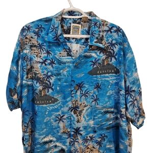 Ocean Current Vintage Men's Hawaiian Shirt‎ Blue Wooden Buttons Size M